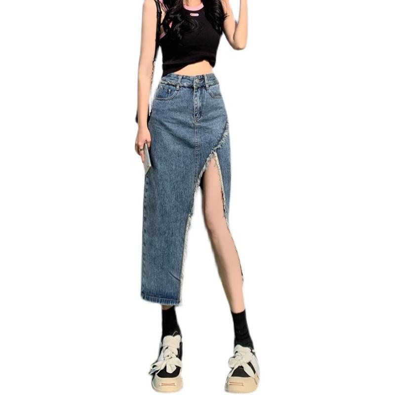 Product Introduction of Tassel denim mid-length spring and autumn 2023 new style raw edge high waist slimming fashionable all-match trendy long skirt 5