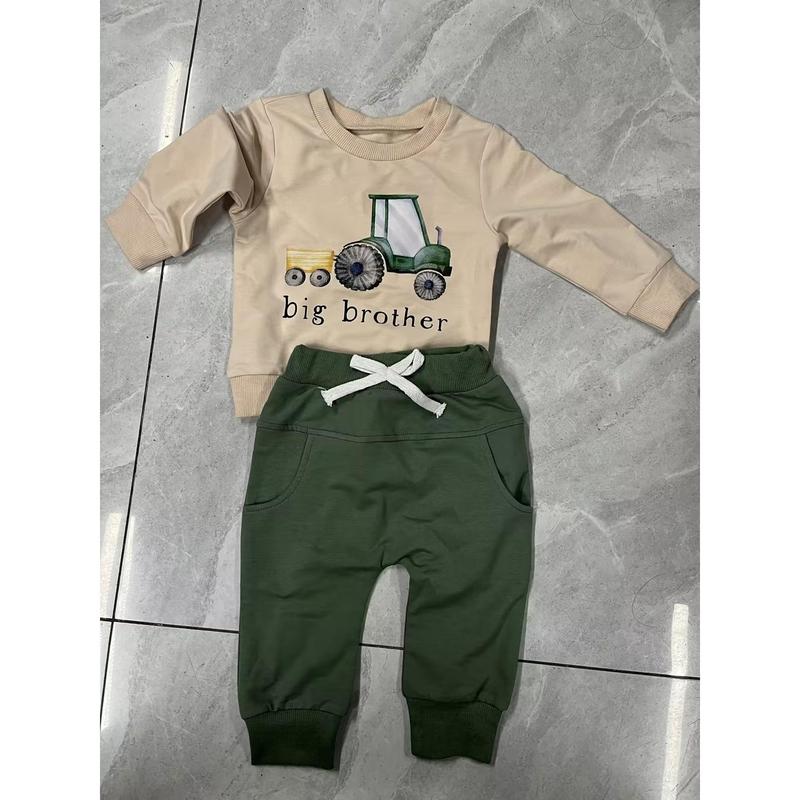 Product Introduction of Boys Autumn 2PCS Outfit Sets Long Sleeve O Neck Letter Tractor Print Tops Solid Color Pants Sets 50