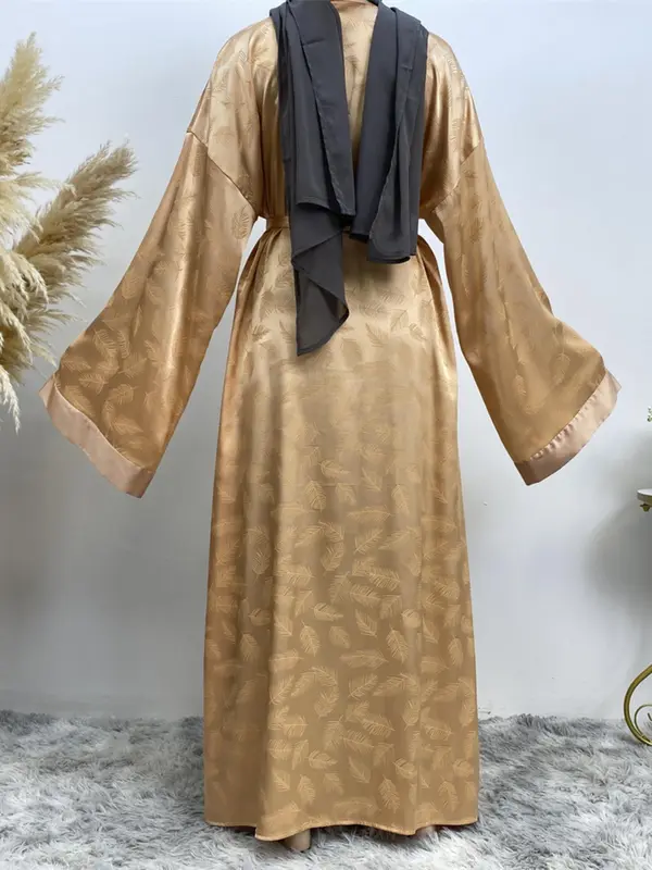 Women's Leaf Pattern Belted Satin Abaya, Modest Casual Long Sleeve Open Front Abaya for Daily Wear, Women's Islamic Clothing for Spring & Fall 8