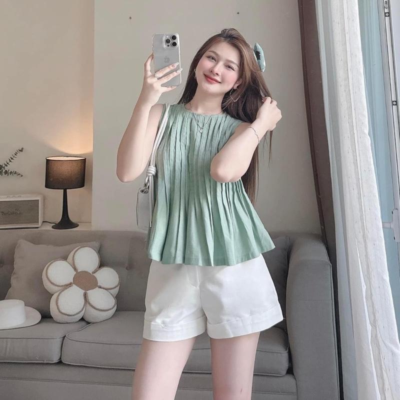 sét áo cotton lạnh xếp ly quần kaki Mei House Nữ Women 4