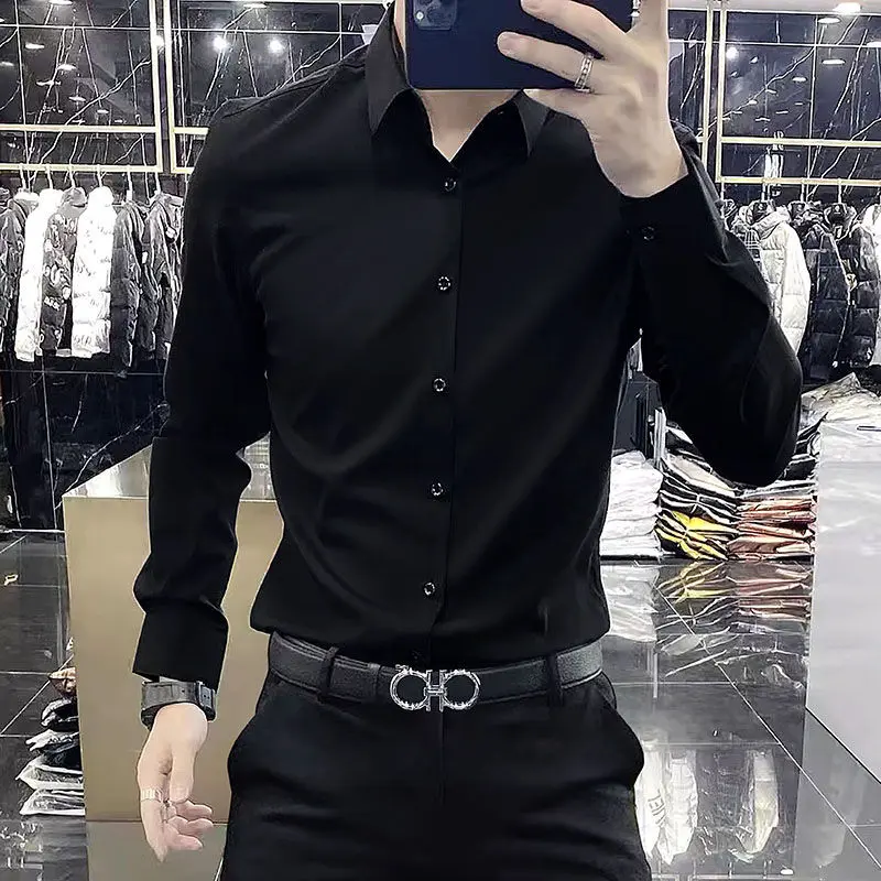 Áo Sơ Mi Nam Dài Tay, Màu Đen, Dáng Ôm, Hợp Xu hướng, Thích Hợp Cho Trang Phục Mùa Thu, Công Sở, Trang Phục Trang Trọng, Trang Phục Thường Ngày Áo Sơ Mi Trắng, Có Thể Mặc Làm Đồ Lót, Áo Cánh