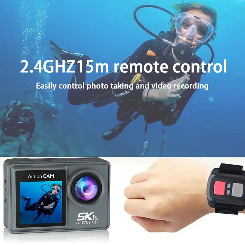 Action Camera, 5K 30 FPS Outdoor Waterproof Action Camera with Front LCD & Touch Back Screen, Camera Remote Control Sports Camera with Wide Angle Lens, Smartphone 5