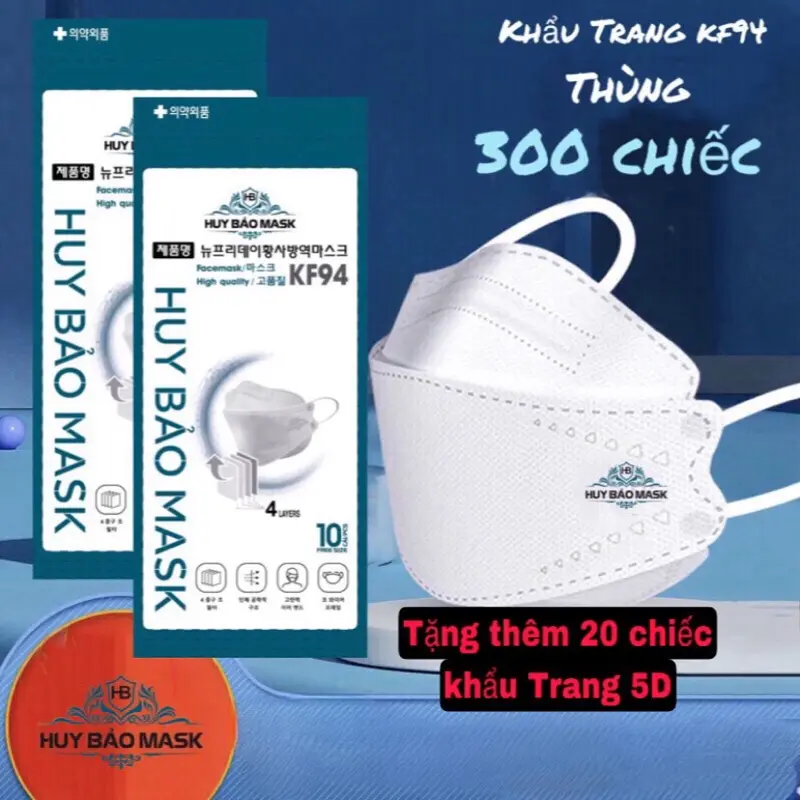 Thùng 300 chiếc [tặng 20 chiếc 5D] khẩu trang kf94 Huy Bảo.chống bụi mịn,giọt bắn,tia uv,khẩu trang chính hãng Phụ Kiện Accessories Che Mặt Voi