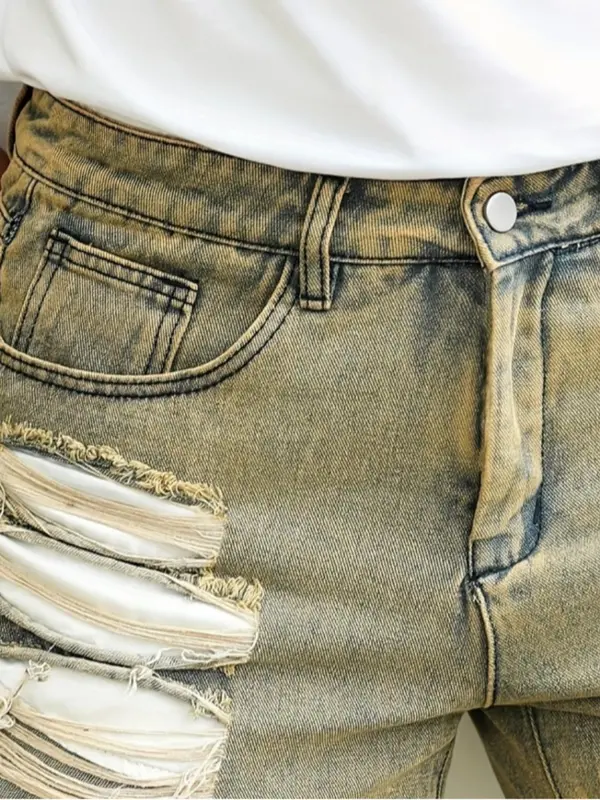 Men's Regular Fit Solid Color Distressed Ripped Denim Shorts, Casual Comfy American Retro Shorts for Summer, Fashion Men's Bottoms for Daily Wear, Cotton 5