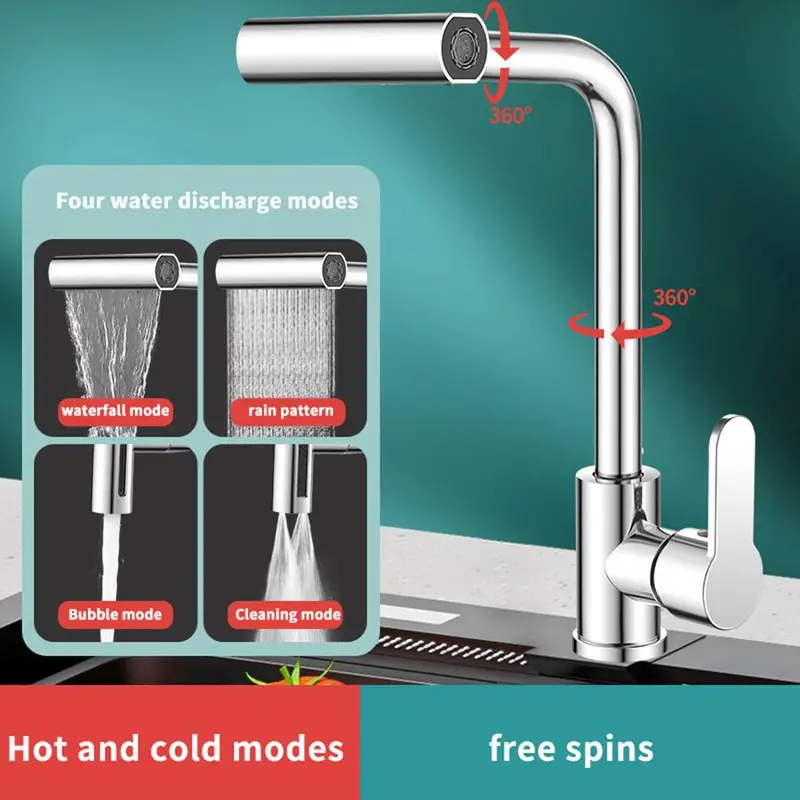 Waterfall Kitchen Faucet, 360° Rotating Waterfall Flow Spray Head Hot and Cold Water Sink Mixer, Kitchen Faucet, Kitchen Accessories, Home, Modern 4