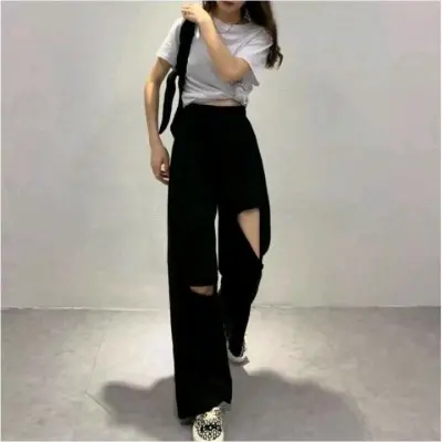 Celana jeans wanita SOBEK ripped jins denim highwaist murah cewek cullote cutbray Korean style