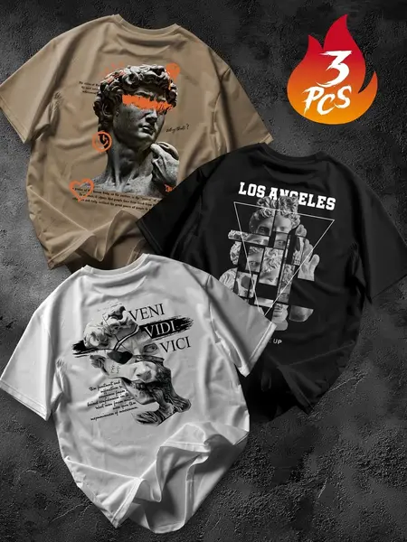 Kit 3 peças Camiseta Masculina Algodão Premium Adulto Plus Size Infantil Streetwear Veni Vidi Vici Michelangelo Over Top