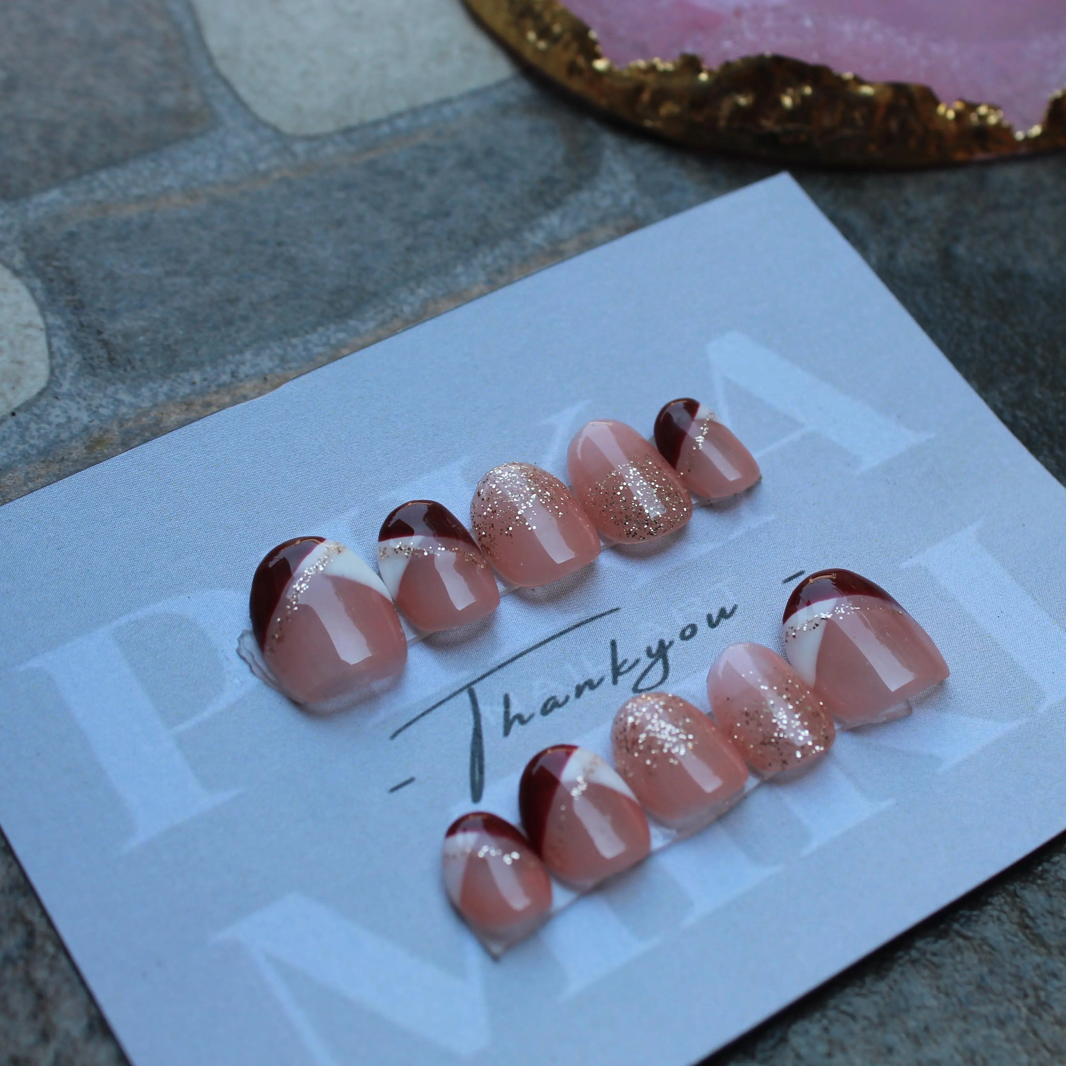 Handmade Custom French Gliter Press On Nails Tahan Lama dan Dapat Dipakai Berkali-kali