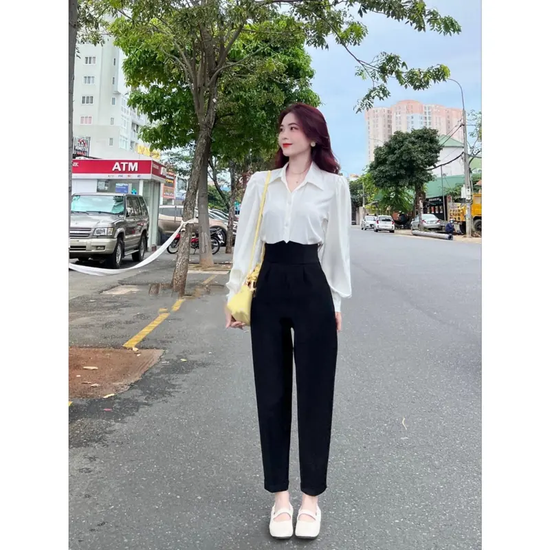 Quần Tây Nữ Cạp Cao Cạp V Dáng Baggy Đi Học Màu Đen Chất Vải Tuyết Mưa Mềm Dày Dặn Pants Jean Women Ong 3