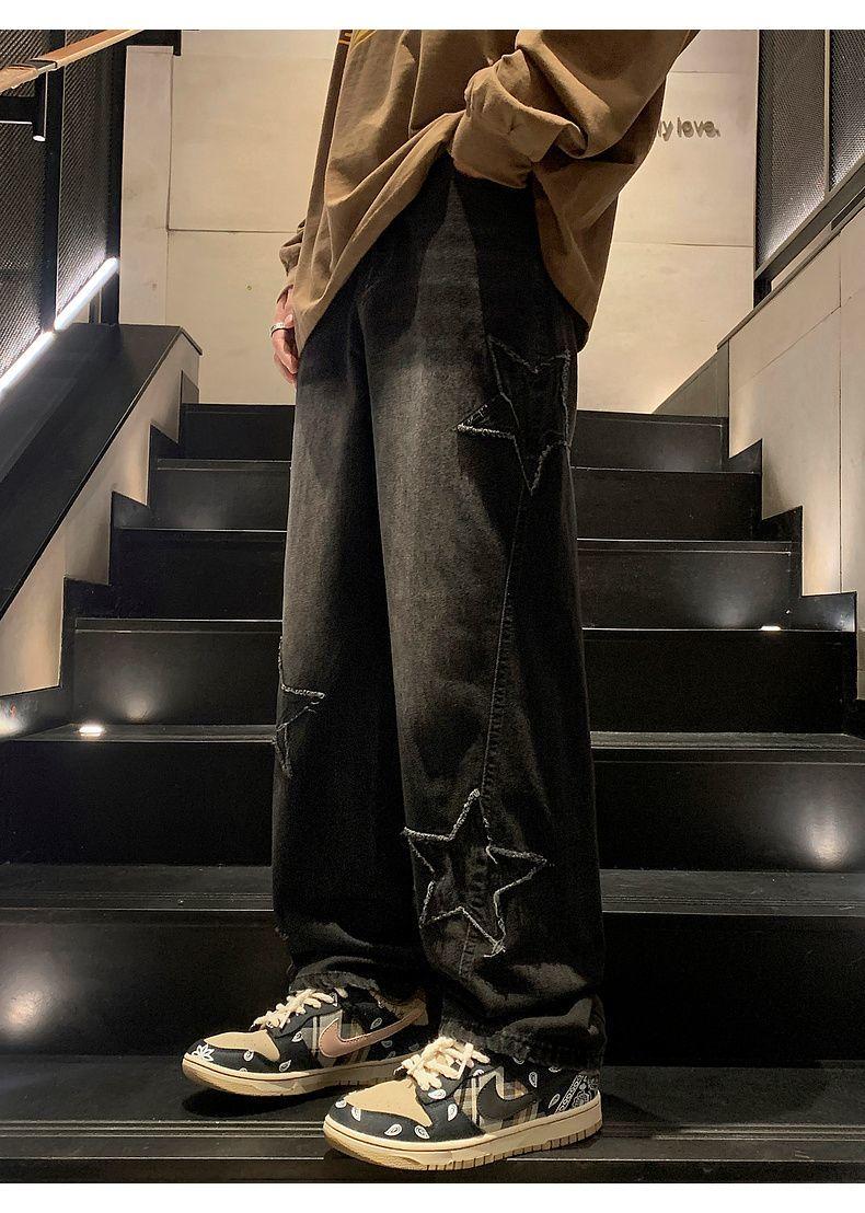 Product Introduction of Pants Men's Ins Fashionable Loose Wide-Leg American Vibe High Street Jeans Men's Fashionable Fried Street Ruan Shuai Straight Men's Pants Sneaker 39