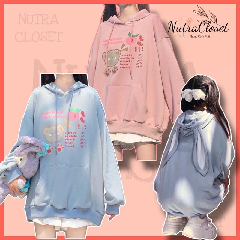  Áo khoác hoodie chui có nón tai thỏ rabbit nỉ ngoại in hình unisex nam nữ 