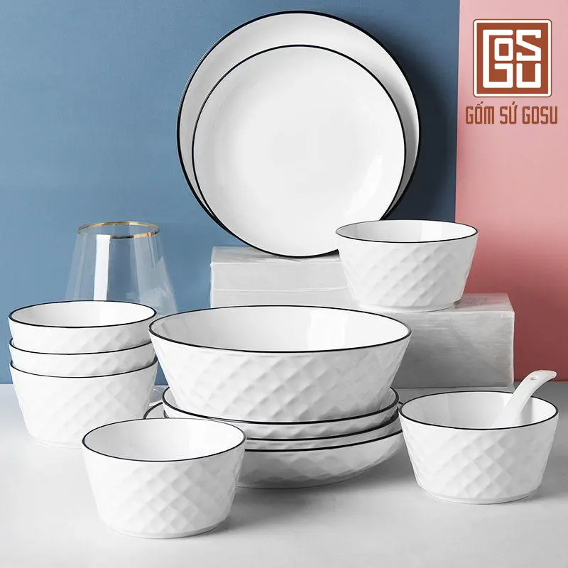 Bán Lẻ Bát Đĩa MenTrắng Cao Cấp Sáng Đẹp Họa Tiết Kim Cương Viền Đen
