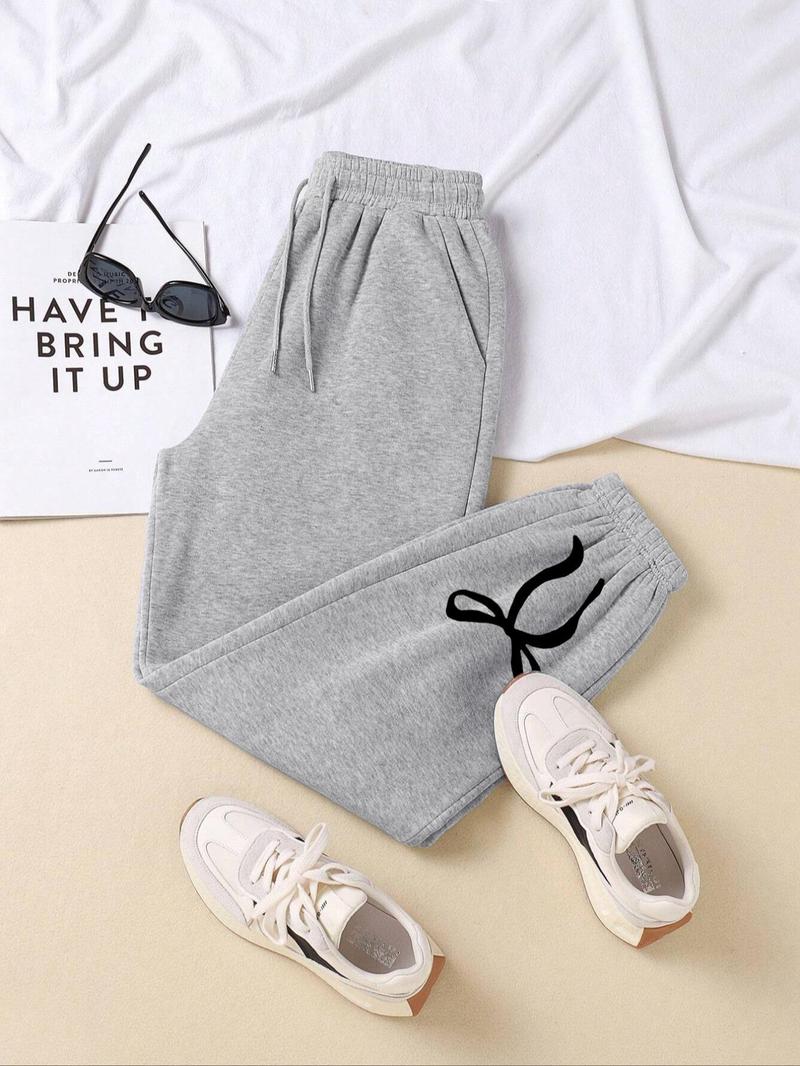 Product Introduction of Women's Bow Print Drawstring Waist Sweatpants, Casual Pocket Jogger Pants for Daily Wear, Ladies Bottoms for Spring & Fall 8