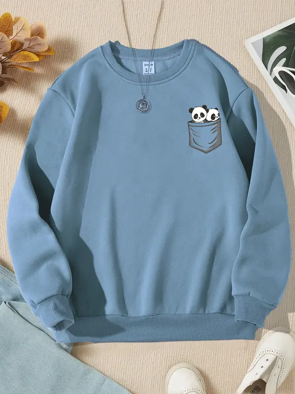NEOCLOTH Sweater PANDA Wanita Crewneck Oblonng Remaja Dewasa Cewe flecce Murah Santai Hitam Coksu Mint Denim Fleece Panjang 2