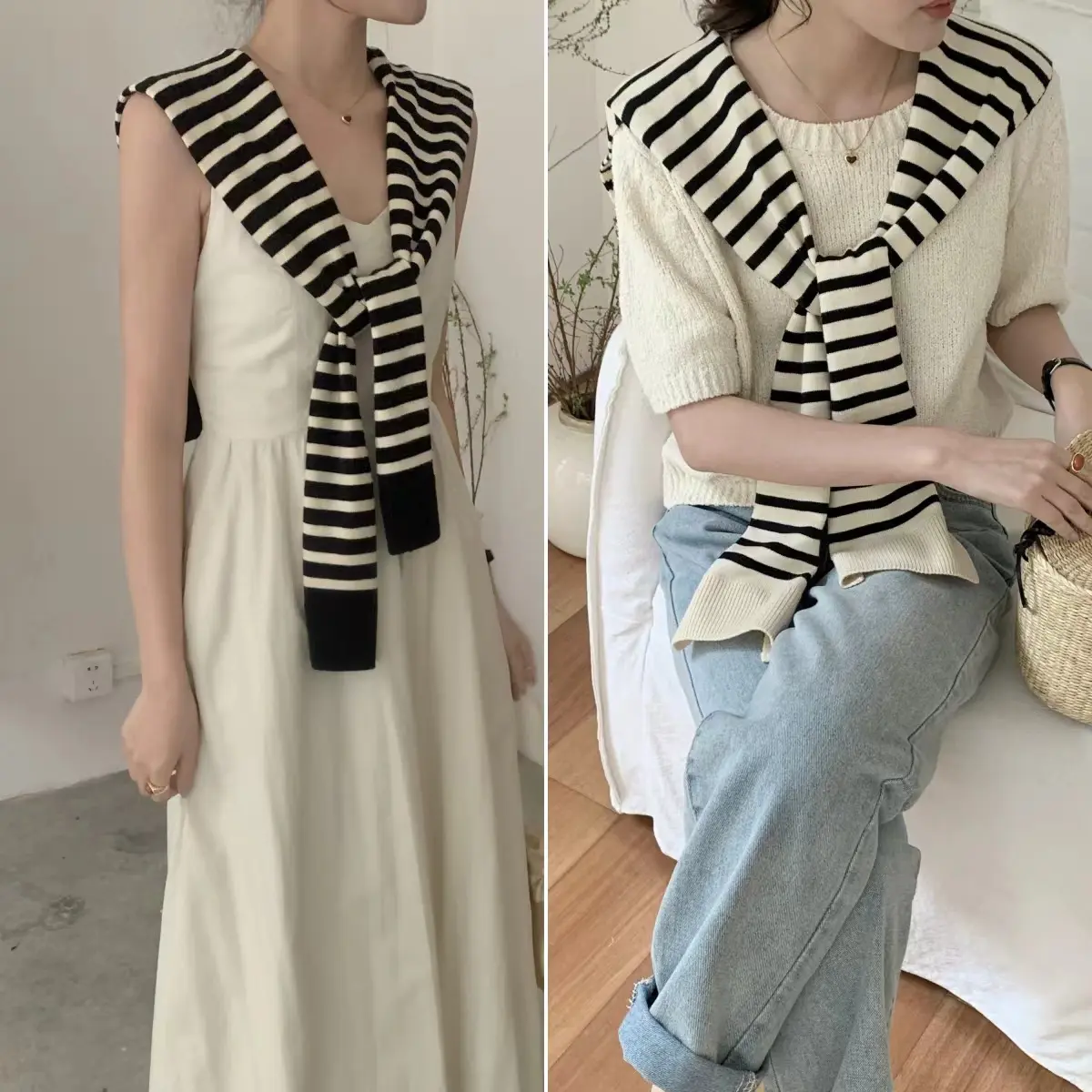 Khăn Choàng Nữ, Phong Cách Hàn Quốc, Mùa Xuân Và Mùa Hè, Chống Nắng, Dệt Kim Sọc, Khối Màu, Dễ Phối Đồ, Thời Trang, Khăn Quàng Vuông Nhỏ Quấn Vai