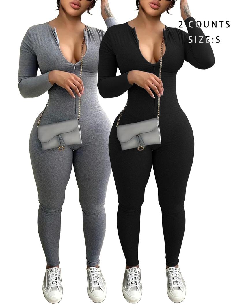 Product Introduction of Women's Solid Color Zip Up Skinny Jumpsuit Set, Casual Long Sleeve Round Neck Jumpsuit Set for Daily Wear, Ladies Clothes for All Seasons 1