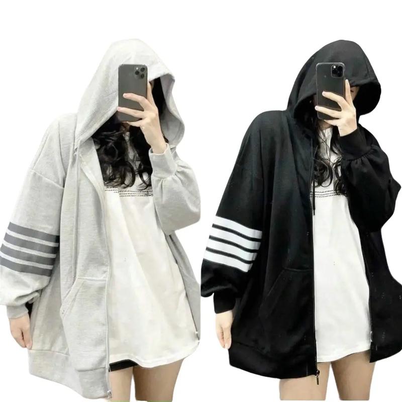 Áo Khoác Nỉ 4 sọc Tay Có Nón Mũ 2 Lớp - Khoác hoodie Thun Len Nỉ Unisex Có Khoá Kéo Zip Nam Nữ Đen Kem Top Jacket Chống Nắng Thu Đông Women