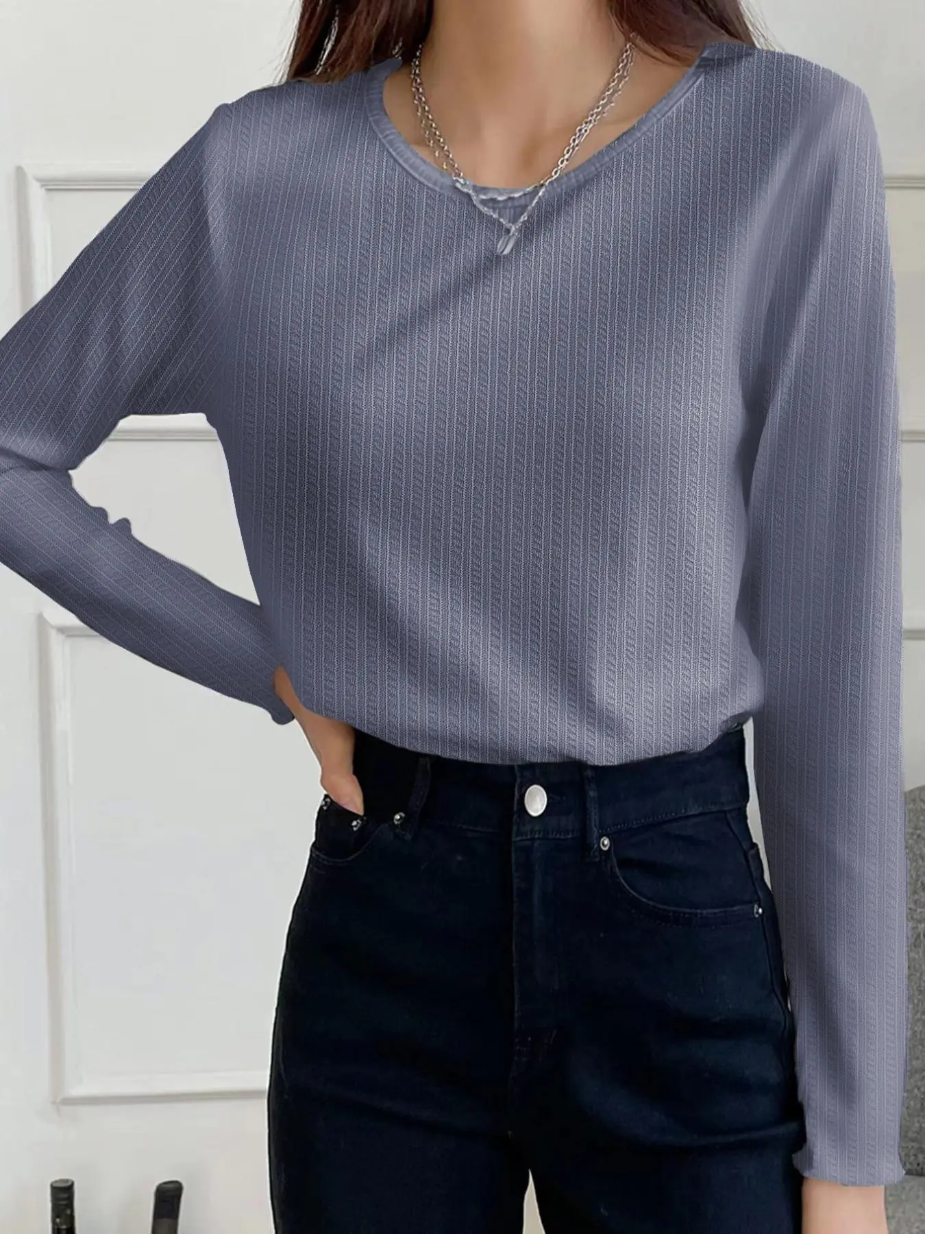 Women's Plain Tee, Casual Long Sleeve T-shirt for Fall & Winter, Women's Top for Daily Wear