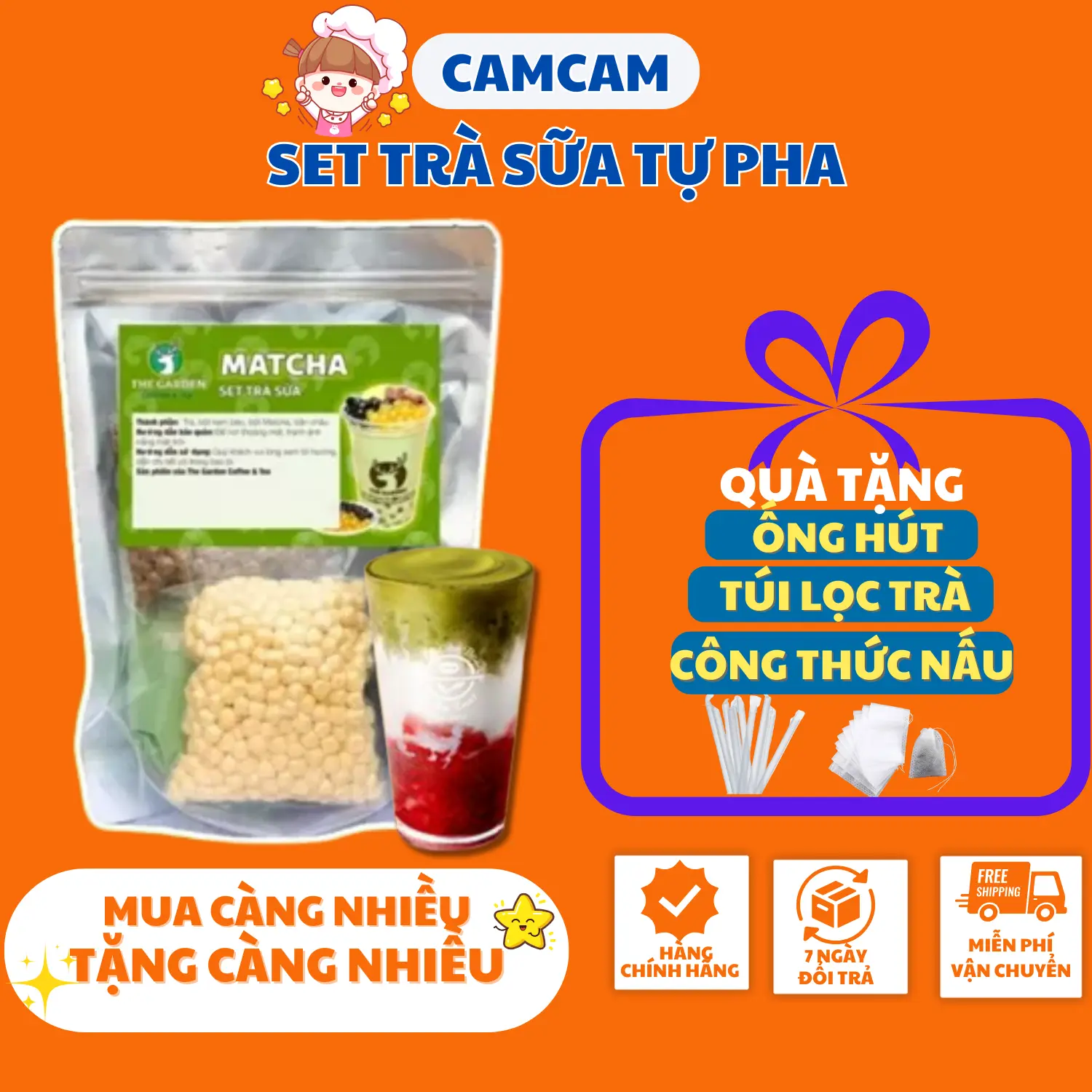 (1 Set pha 10-12 ly) Set Nguyên Liệu Pha Trà Sữa Trân Châu Matcha CAMCAM Nguyên Liệu Tự Nấu Hương Vị Độc Quyền Tặng Túi Lọc Trà +Ống Hút