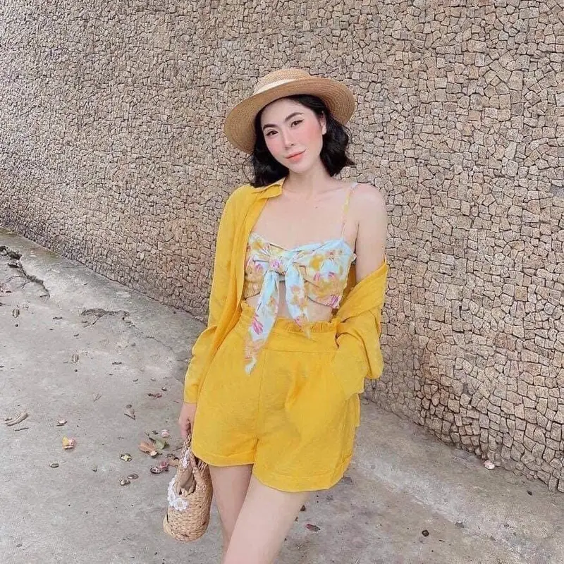 Set đũi 3 món đi biển (áo sơ mi, quần sooc, bra hoa) Nữ 0