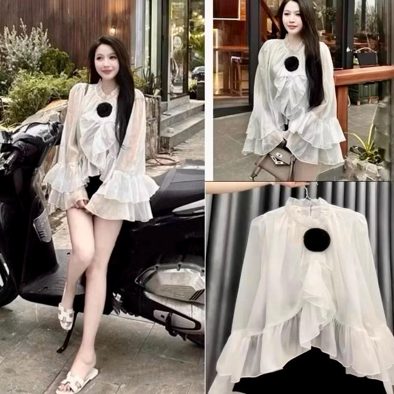 Set Áo Voan Bèo Tay Leo sang chảnh , đính hoa trà kiểu dáng tiểu thư , Phối quần đùi ... free size 43-54kg