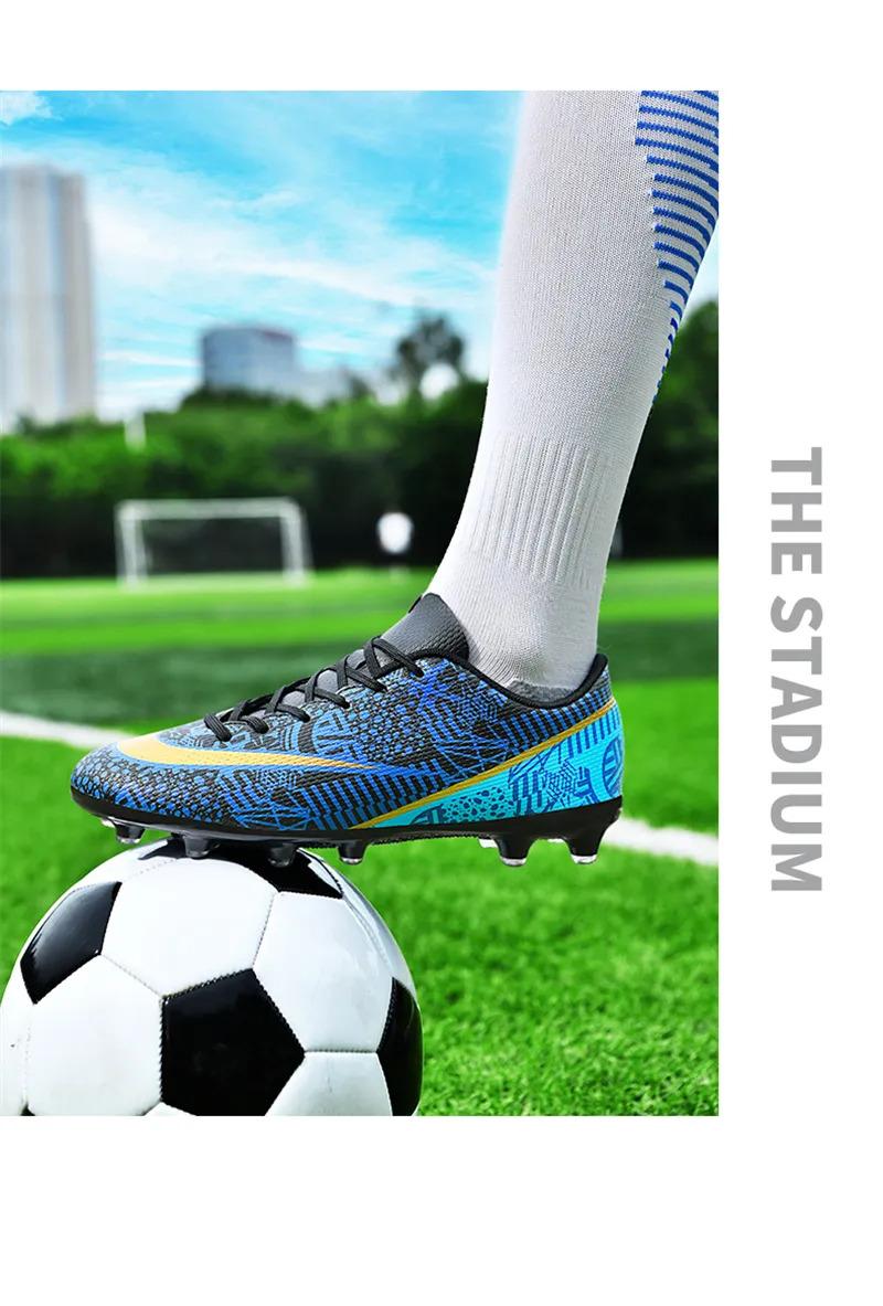 Product Introduction of High Quality Men Women Soccer Shoes Light Cleats Training Football Shoes Ankle Sport Long Spike Sneakers Turf Futsal Shoes Big Size 33-45 44