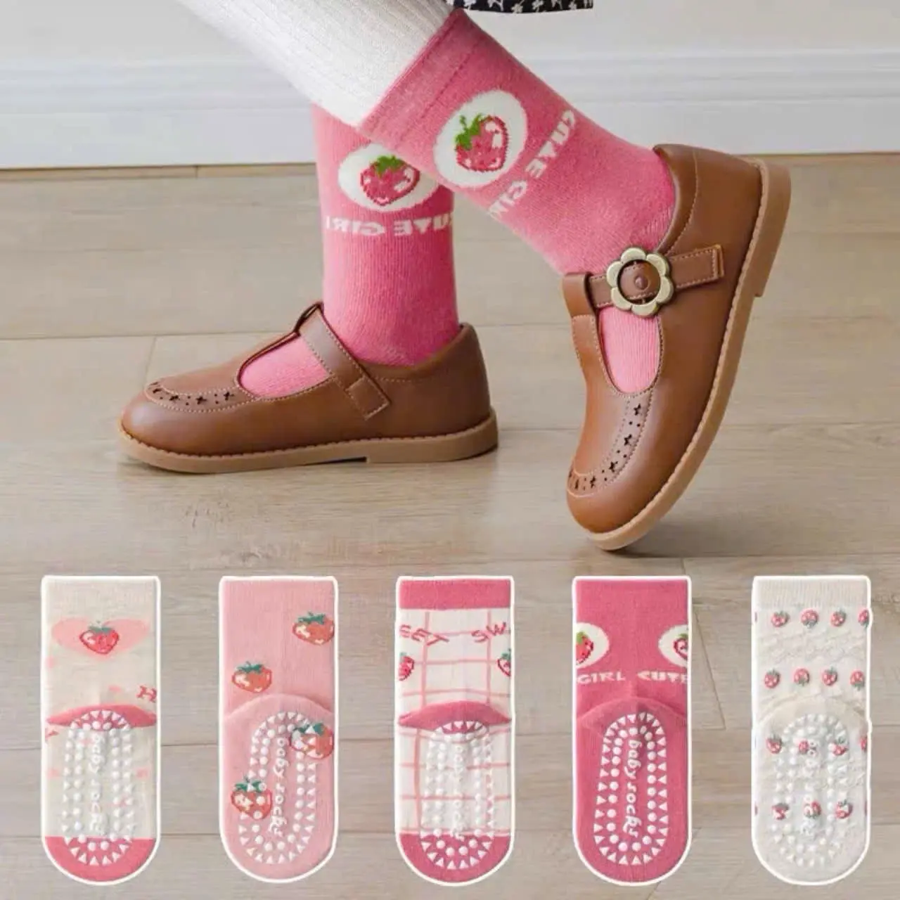 Sét 5 đôi tất chống trơn hồng dâu cho bé gái size 1-12 tuổi