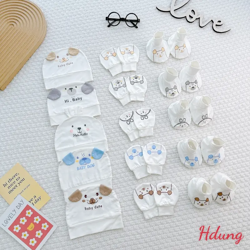 Set Mũ Kèm Bao Tay Bao Chân Thun Lạnh Baby Cute Mềm Mát Cho Bé Sơ Sinh 6