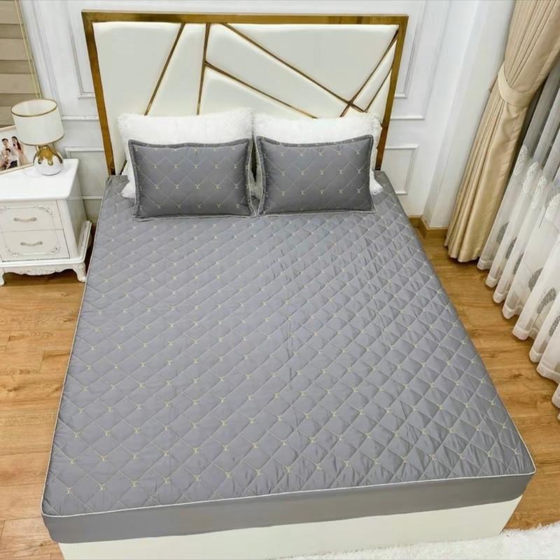 Bộ ga gối 3 món phi lụa trần bông, có chun bọc nệm dưới 15cm- kèm 2 vỏ gối đầu