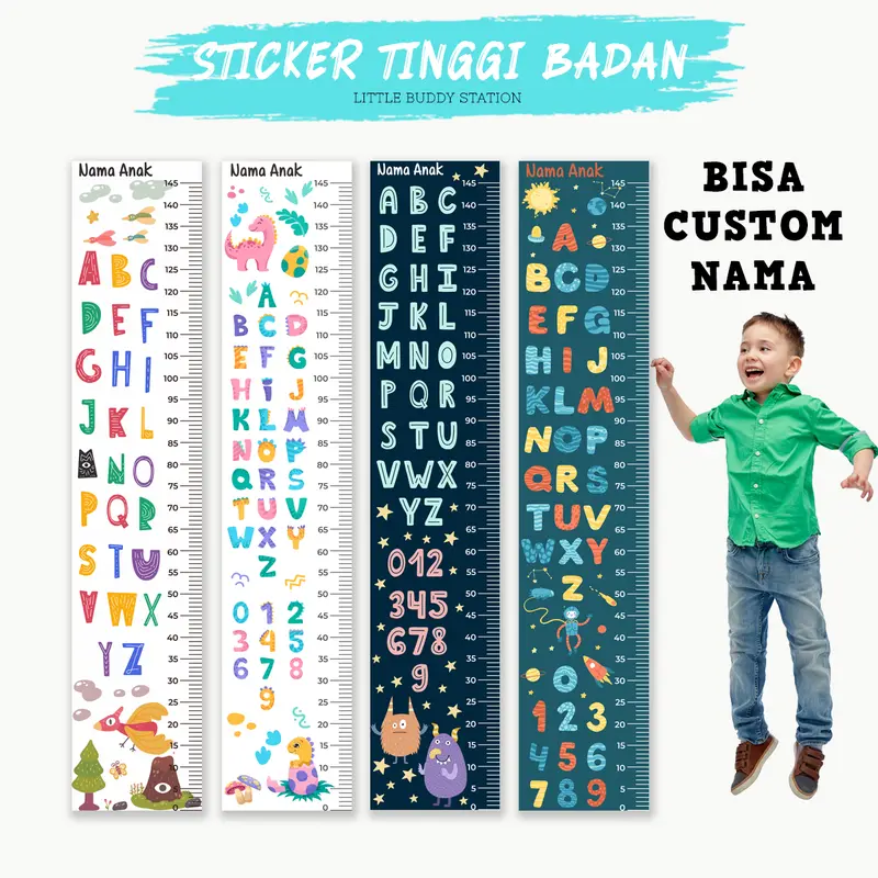 Stiker Pengukur Tinggi Badan Anak SD Dinding Aesthetic - Custom Nama Growth Chart Sticker Dinding Tinggi Badan Anak Wall Decor Motif Gambar Edukasi Abjad Alfabet 0