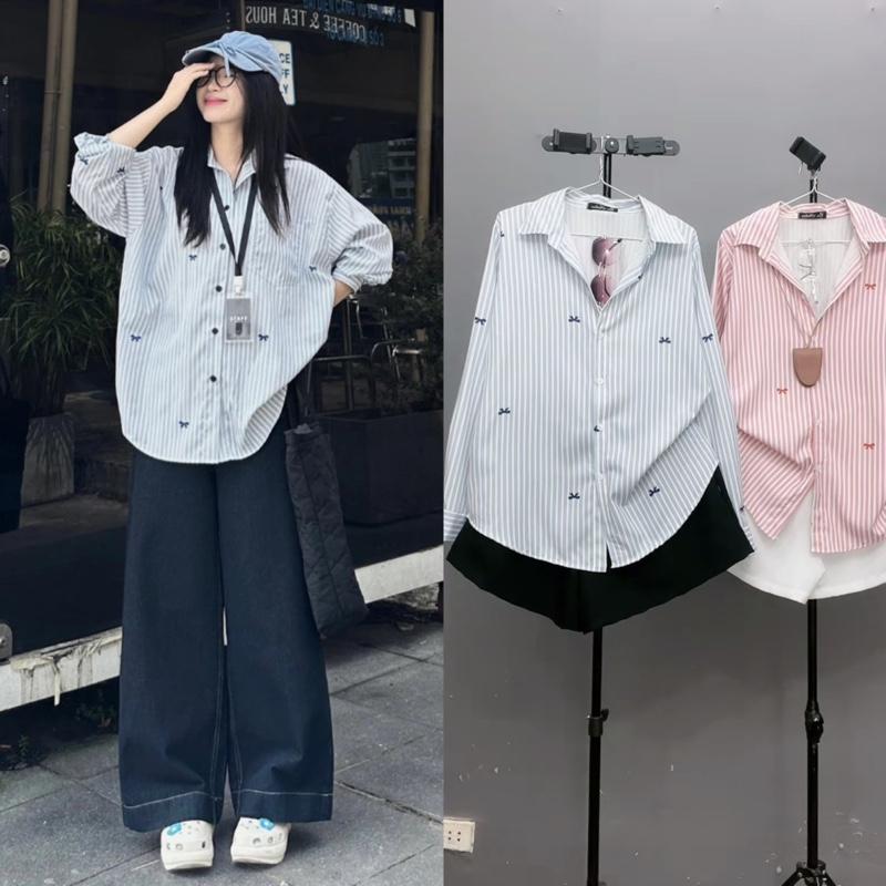 sét Sơ mi sọc nơ kèm quần sooc  dáng rộng nữ bigsize kiểu dáng rộng mùa hè đậu bigsize ( sm181 , q500) Đậu bigsize