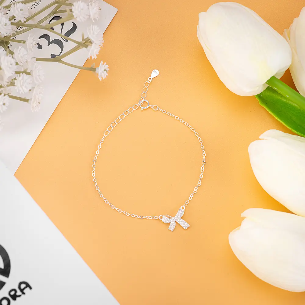 Lắc Tay Bạc Nữ  AMORA mặt nơ đính đá lấp lánh xinh xắn  - Size Tùy Chỉnh - Chất Liệu Bạc 925  - A104