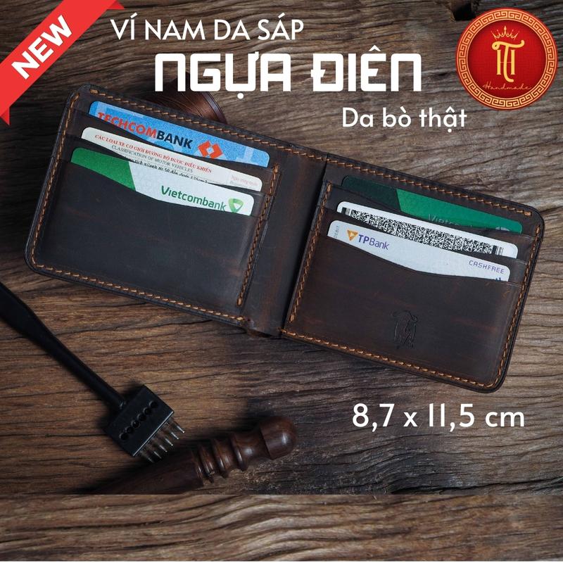 (Tặng túi bọc CCCD) Ví da bò sáp Ngựa điên TH HANDMADE dáng ngang màu nâu, kích thước 8.7x11.5cm, có khóa, bảo hành 24 tháng - Wallet, Nam