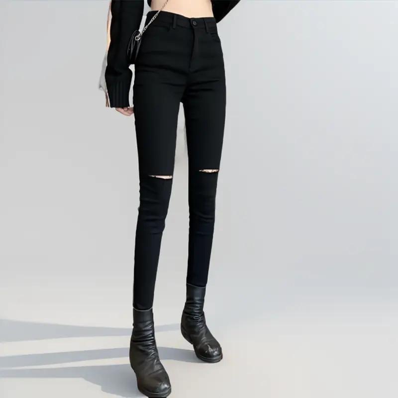 Quần Jean đenim nữ màu đen cạp cao rách gối ôm dáng Women Pants legging quanjean den