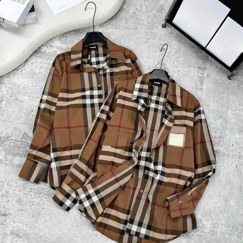 Áo sơ mi bbr dài tay màu nâu sang chảnh hoạ tiết kẻ  cho nữ Top Shirts Women hot girl mác da