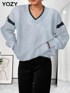 YOZY Women's Striped Print Drop Shoulder Pocket Sweatshirt, Casual Long Sleeve V Neck Pullover for Fall & Winter, Women's Clothes for Daily Wear