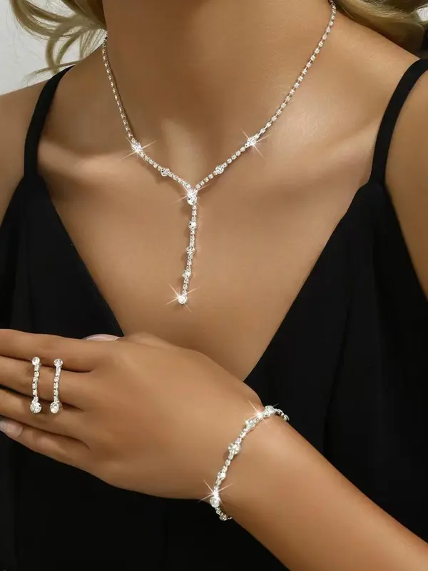 Women's Elegant Rhinestone Decor Pendant Necklace & Dangle Earrings & Bracelet, Exquisite Trendy Jewelry Set, Fashion Accessories 4