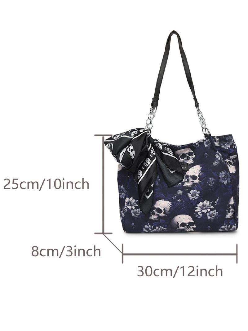 Product Introduction of Women's Punk Style Skull & Floral Pattern Tote Bag, Fashionable Shoulder Bag for Daily Life, Casual Trendy Versatile Goth Commuting Bag 1