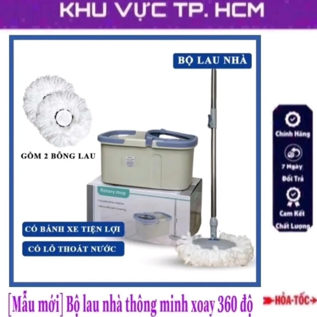 [Mẫu mới] Bộ sản phẩm cây lau nhà thông minh cao cấp xoay 360 độ, thùng hình chữ nhật, tặng kèm 2 bông lau.