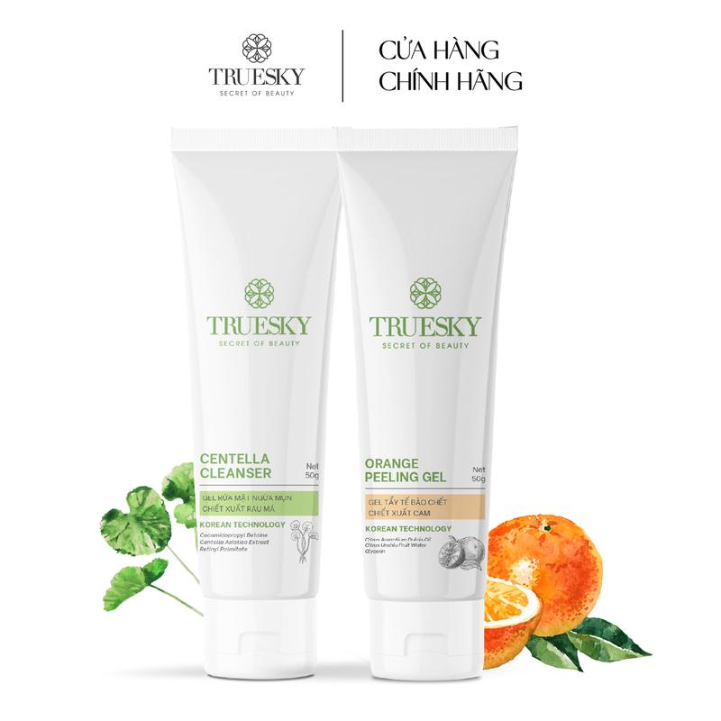 Combo làm sạch cho da mụn Truesky gồm 1 tẩy tế bào chết cam 50g +1 gel rửa mặt rau má 50g