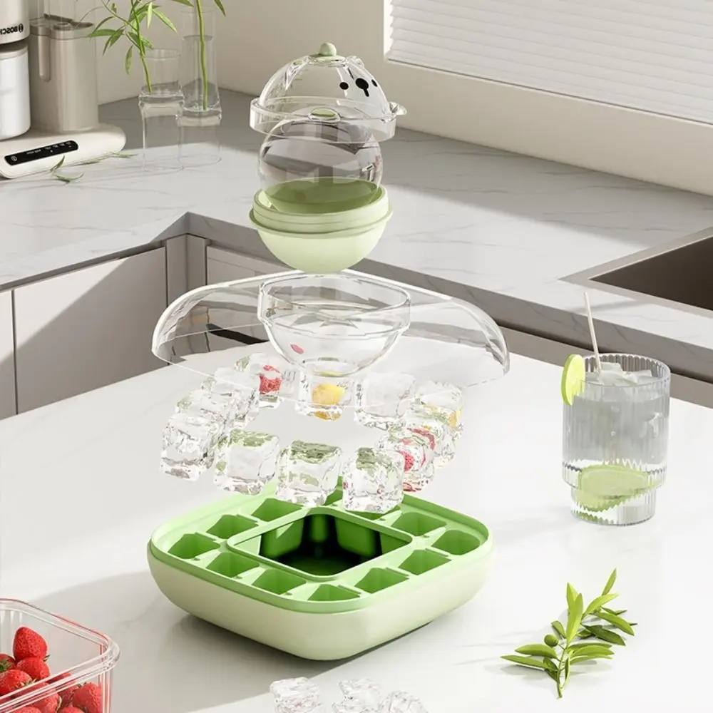 Cute Bear Food Grade Ice Ball Maker Mold with Lid Touch-Free Ice Hockey Maker Easy-Release Homemade Ice Tray Press Box Home