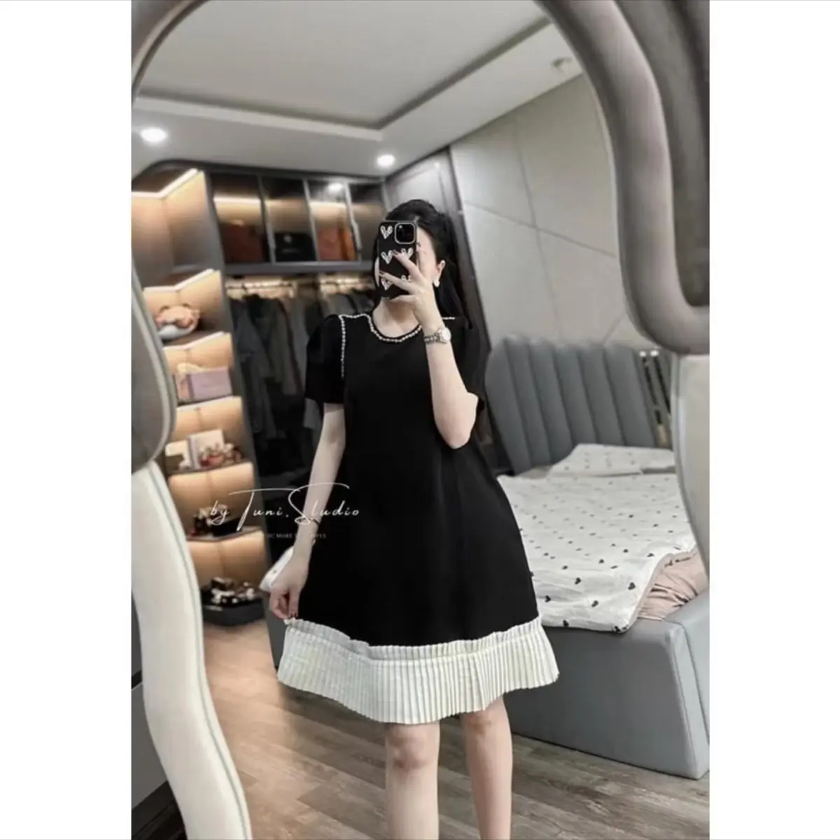 (XẢ KHO) Đầm Babydoll - Đầm Bầu Thiết Kế Cổ Tròn Phối Viền Sang Trọng Dáng Xoè Dập Li