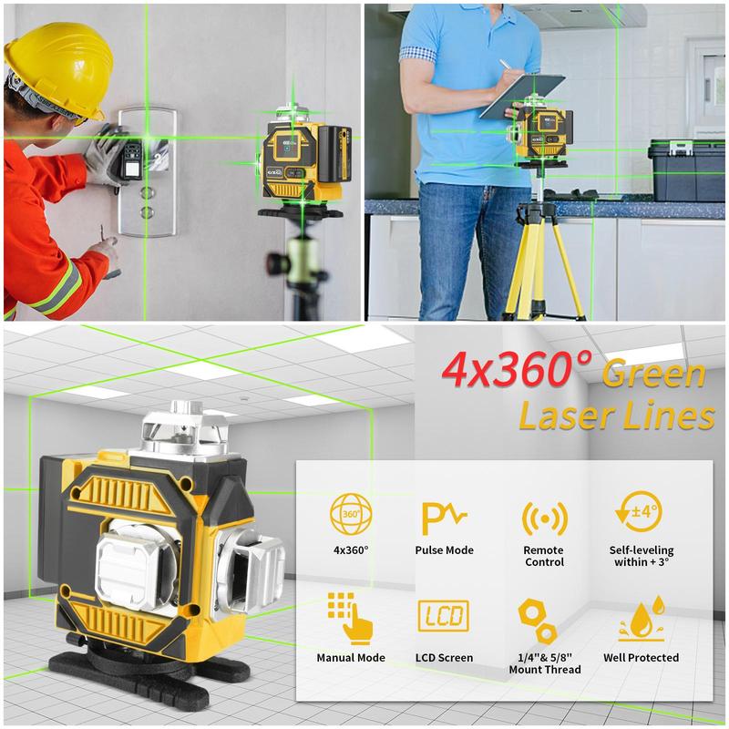 Laser Levels, 4x360 Self Leveling 16 Lines Green Beam 4D Cross Professional Line Laser Tool, LCD Screen, Remote Controller, Lifting Base 4