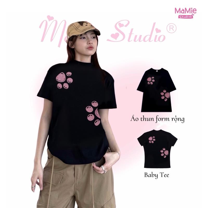 Áo thun Mamie form baby tee và form rộng unisex oversize cho cả nam và nữ áo cổ tròn phong cách thể thao năng động in chân cún xinh xắn.