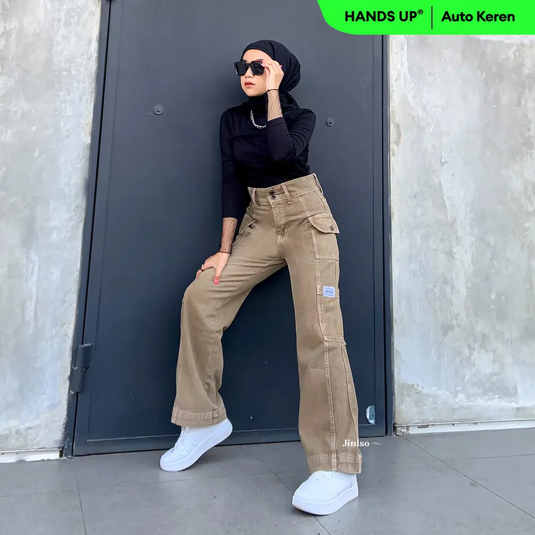 JINISO HANDS UP - 412 Cargo Baggy Highwaist Celana Jeans Wanita Warna Cappuchino