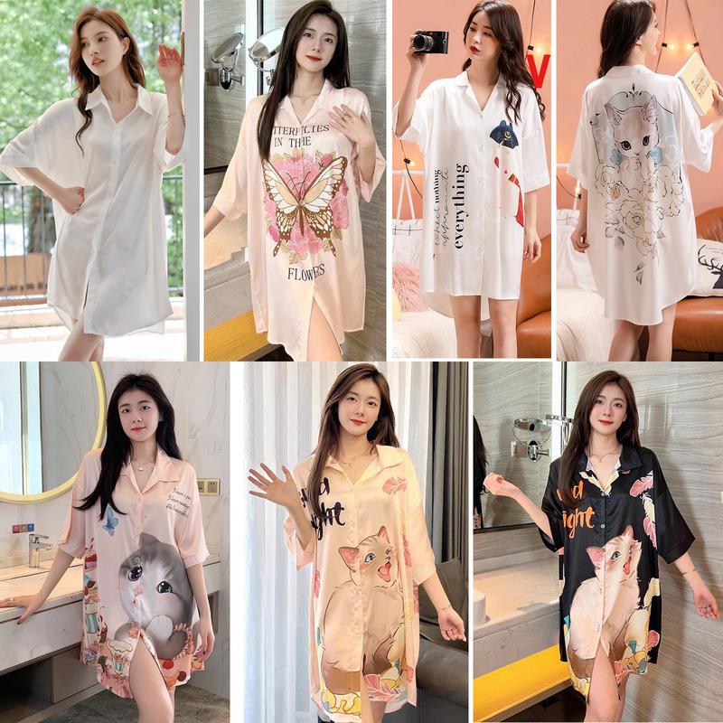   lụa latin  Váy ngủ sơ mi lụa Latin Hisexy đầm mặc nhà suông rộng thoải mái in hình cao cấp FREESIZE Nữ Women Dress 