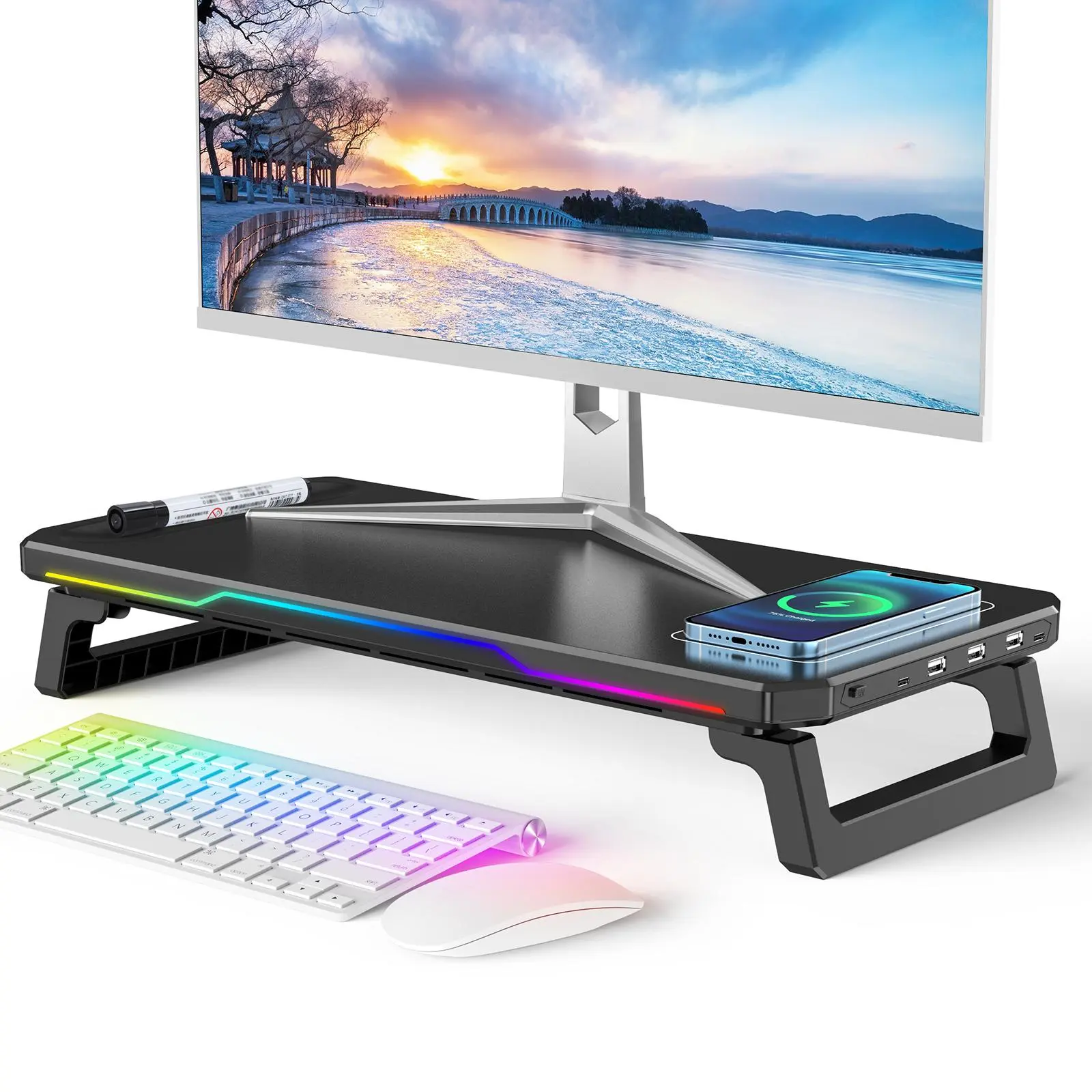 Multifunctional Desktop Storage Monitor Stand, Modern Monitor Stand with Keyboard Tray, Desktop Organizer with Wireless Charger, Computer Accessories, Boyfriend Gift, Organization, Furniture, Modern