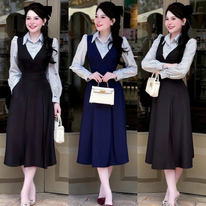 [FREESHIP] A106 - Đầm YẾM thời trang Phối SƠ MI  tay dài sọc xanh họa tiết NƠ xinh xắn, thanh lịch. Phù hợp đi làm, đi chơi, đi tiệc.... Đủ size SMLXL-3XL Mijustore