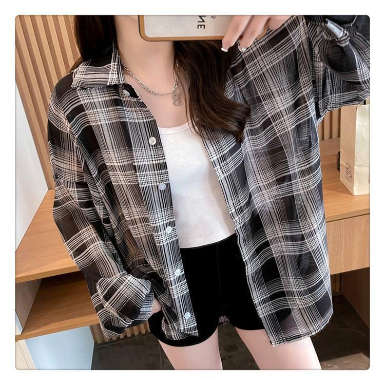 Product Introduction of Sun Protection Clothing for Women Thin Plaid Chiffon Shirt Oversize Coat for Women Breathable New Summer Loose Shirt Women 21
