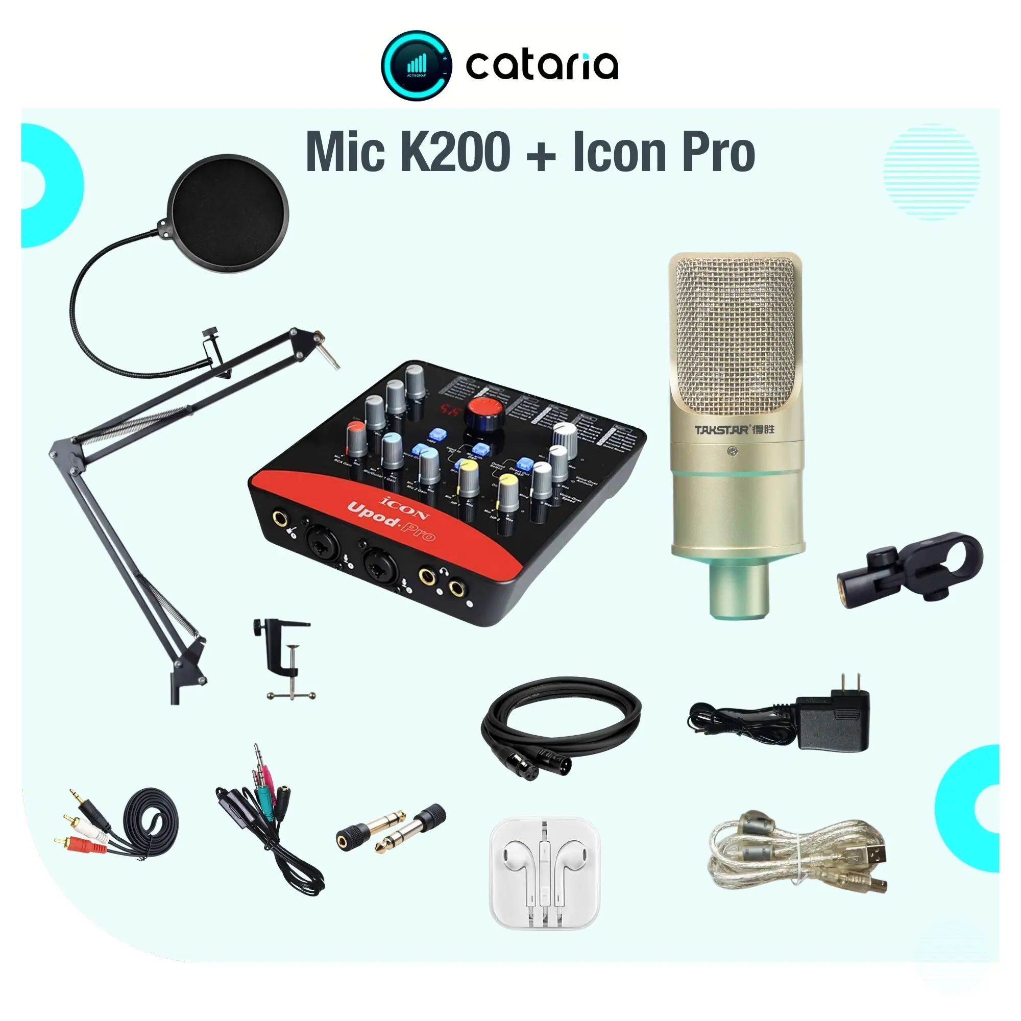 Bộ Mic Hỗ Trợ Live, Thu Âm Mic K200 và Sound Card ICON  PRO tặng Tai Nghe, Đèn Live Cataria